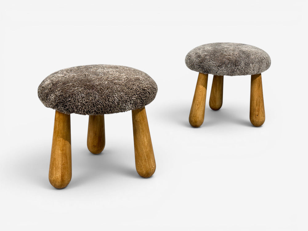 Danish Modern Style, Gray Sheepskin, Maple, Shearling Footstools, 21st c.