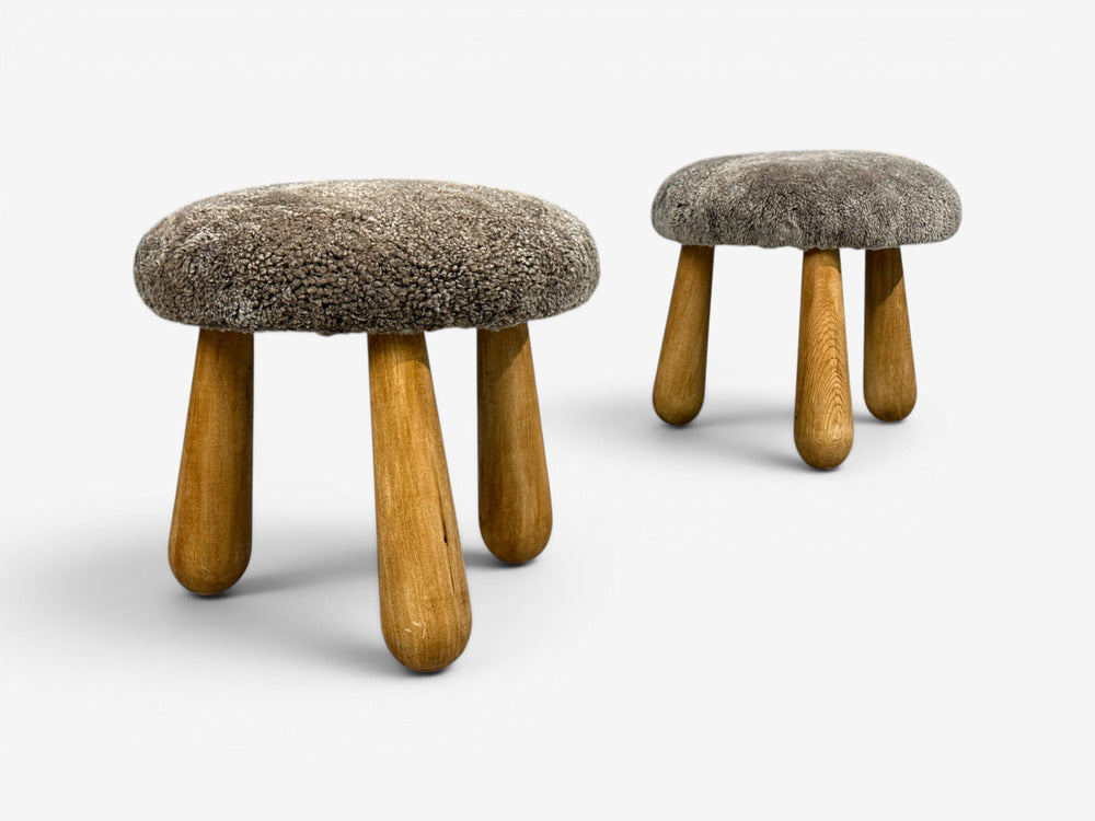 Danish Modern Style, Gray Sheepskin, Maple, Shearling Footstools, 21st c.