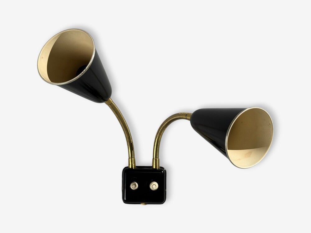Upsala Armaturfabrik, Adjustable Wall Sconce, Black Metal, Brass, Sweden, 1960s