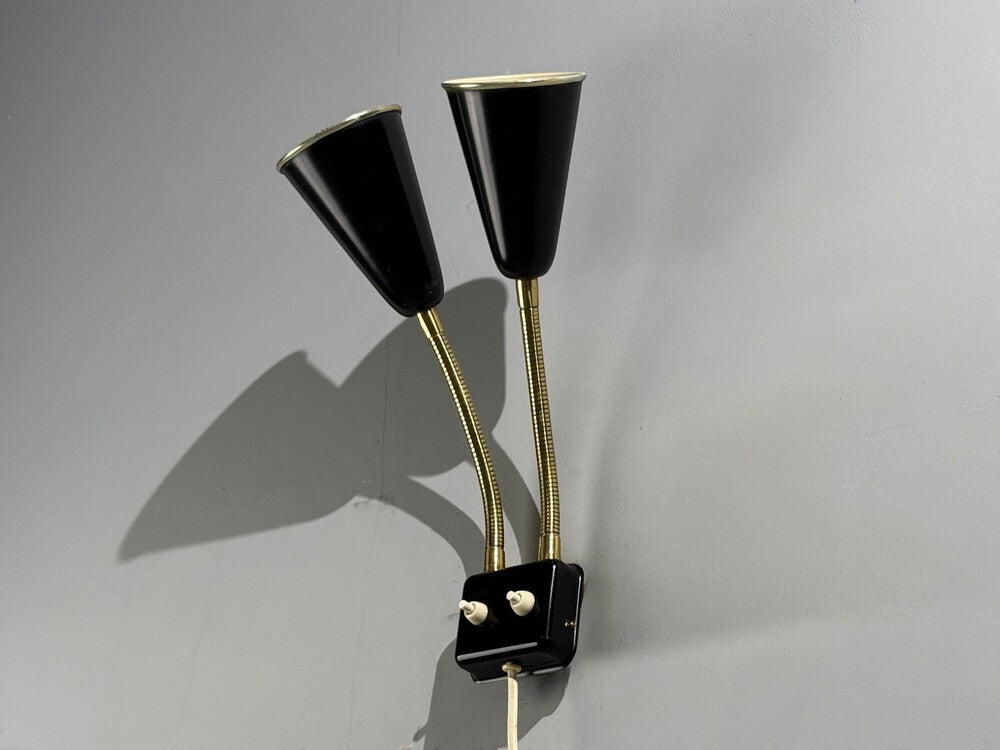 Upsala Armaturfabrik, Adjustable Wall Sconce, Black Metal, Brass, Sweden, 1960s