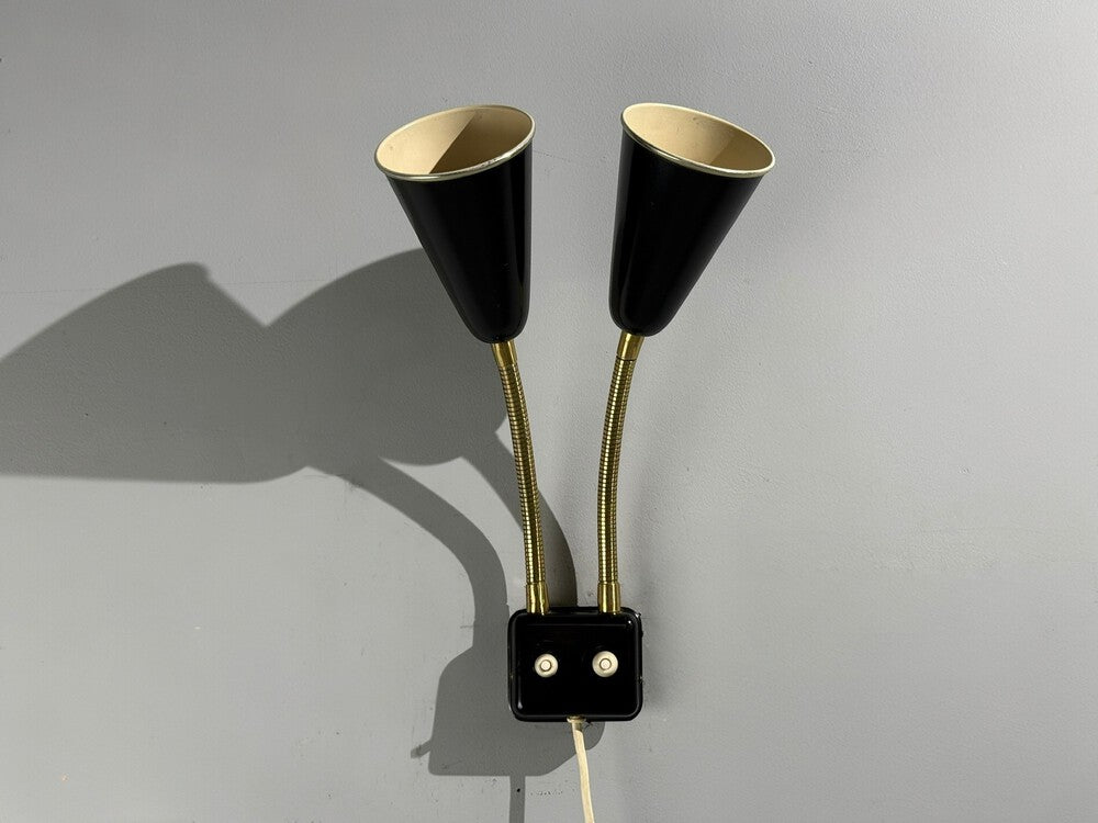 Upsala Armaturfabrik, Adjustable Wall Sconce, Black Metal, Brass, Sweden, 1960s