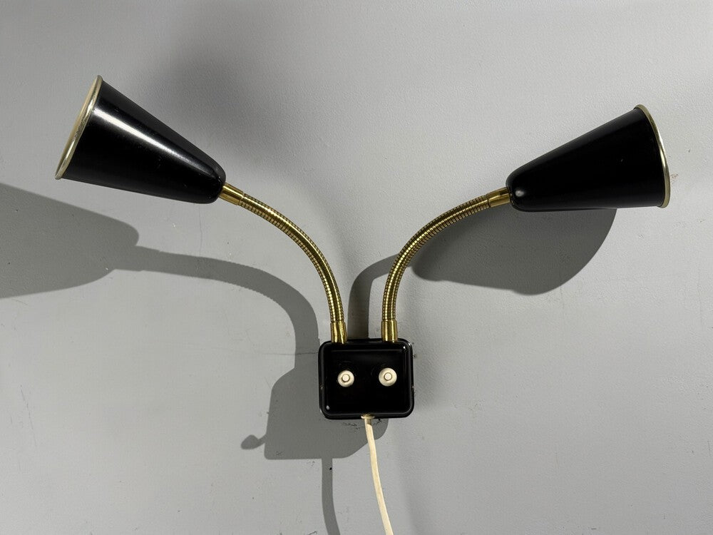 Upsala Armaturfabrik, Adjustable Wall Sconce, Black Metal, Brass, Sweden, 1960s