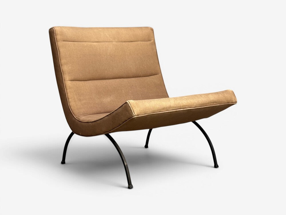 Milo Baughman, Scoop Lounge Chair, Iron, Brown Fabric, USA, 1950s