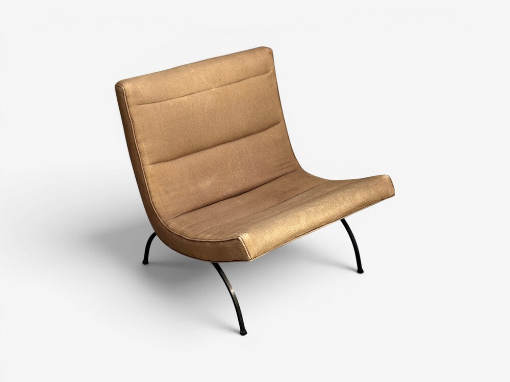 Milo Baughman, Scoop Lounge Chair, Iron, Brown Fabric, USA, 1950s