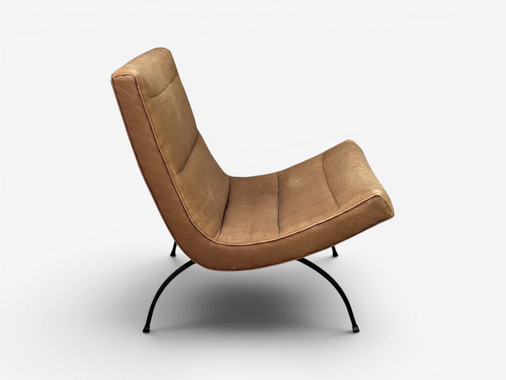 Milo Baughman, Scoop Lounge Chair, Iron, Brown Fabric, USA, 1950s
