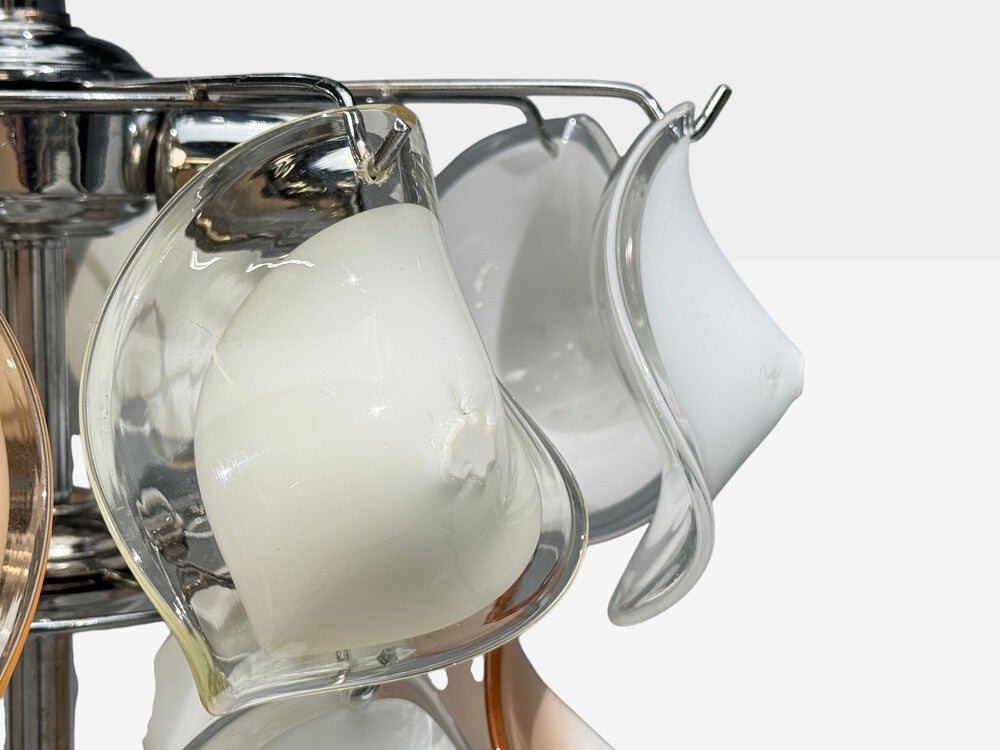 Mid-Century Modern, Orange and White Murano Glass, Chrome, Pendant Light, 1960s