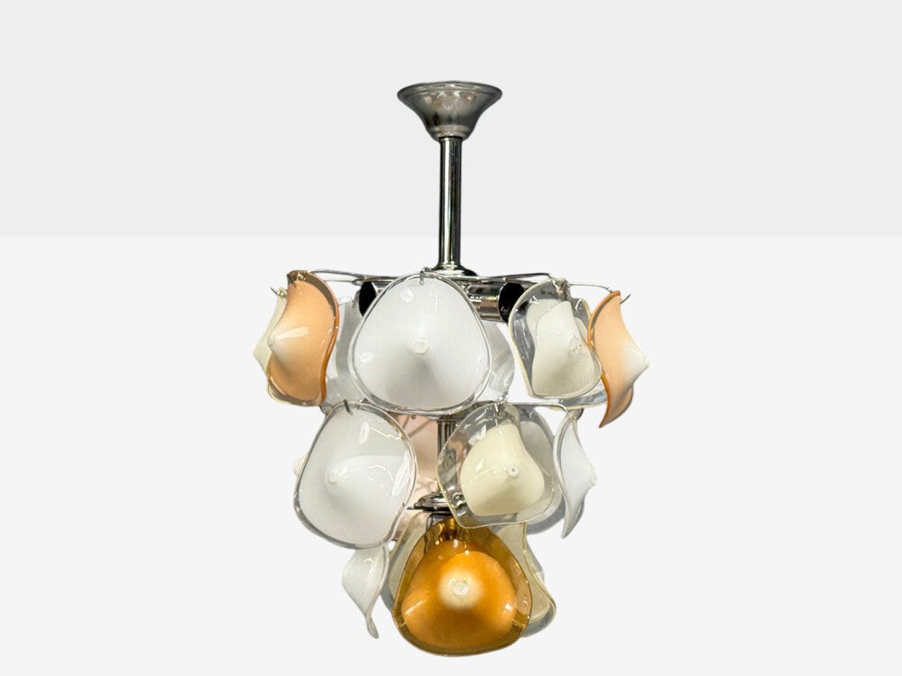 Mid-Century Modern, Orange and White Murano Glass, Chrome, Pendant Light, 1960s