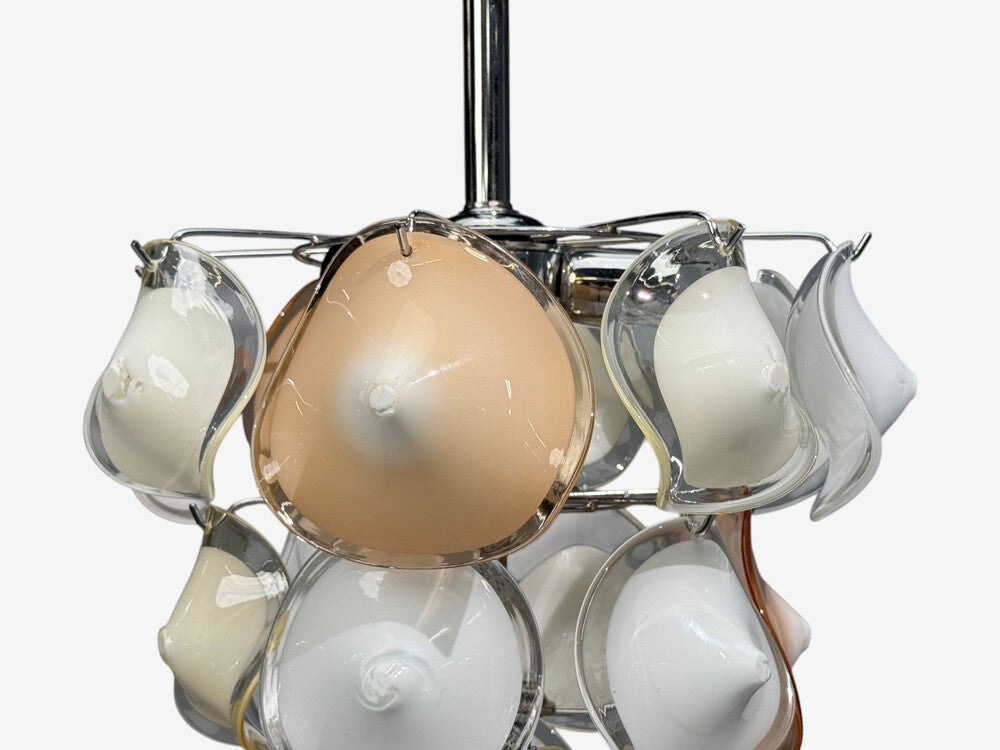 Mid-Century Modern, Orange and White Murano Glass, Chrome, Pendant Light, 1960s