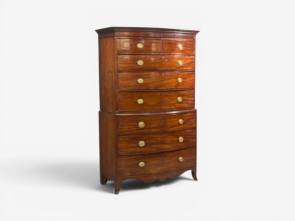 Georgian, Bow-Front Chest on Chest, Mahogany, Brass, England, 19th c.