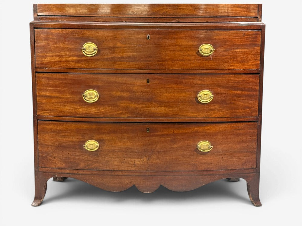 Georgian, Bow-Front Chest on Chest, Mahogany, Brass, England, 19th c.
