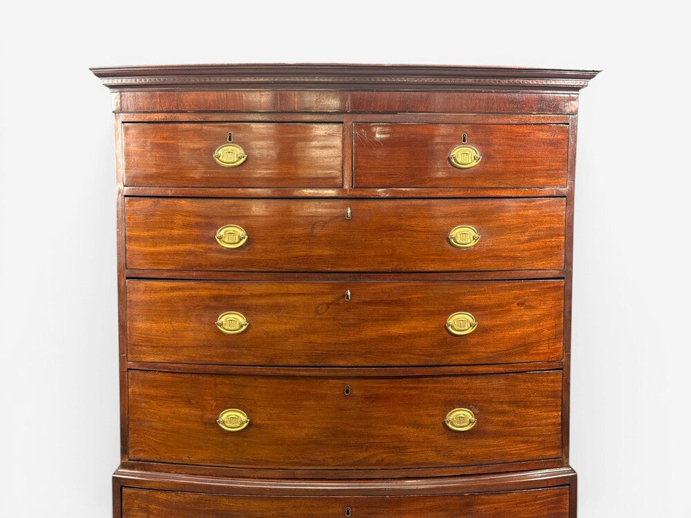 Georgian, Bow-Front Chest on Chest, Mahogany, Brass, England, 19th c.