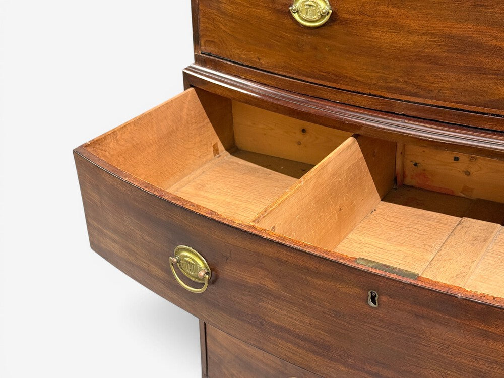Georgian, Bow-Front Chest on Chest, Mahogany, Brass, England, 19th c.