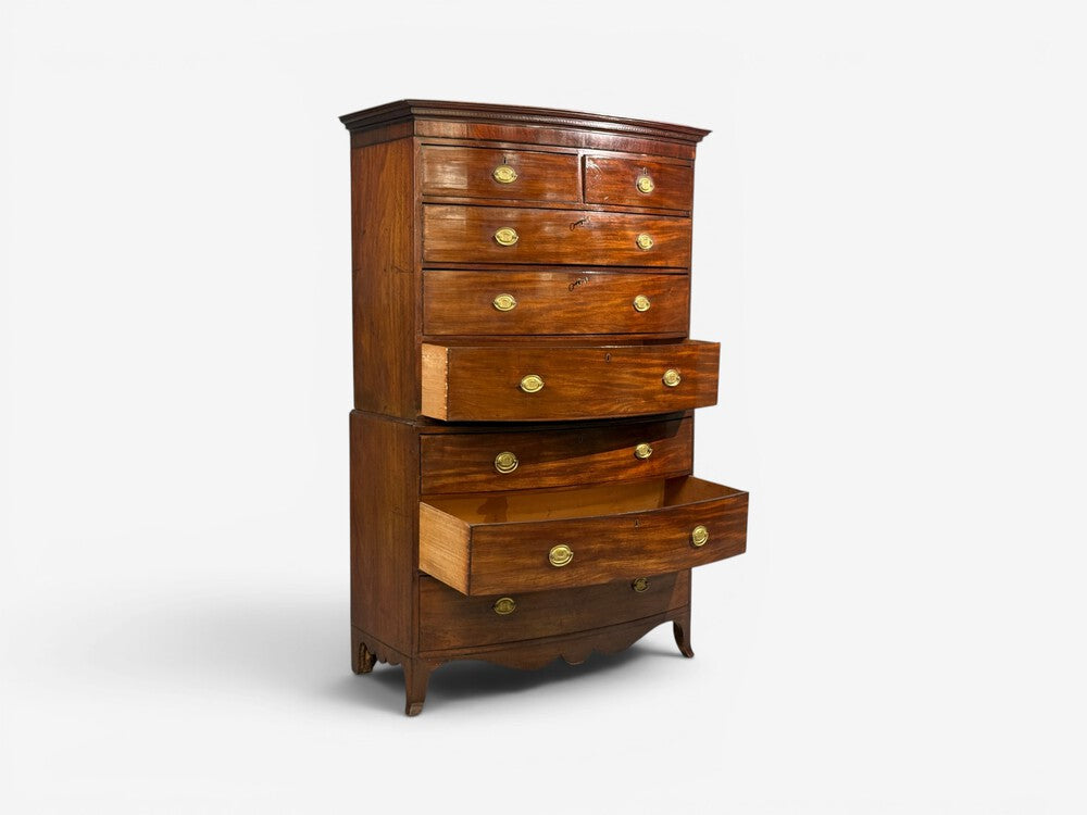 Georgian, Bow-Front Chest on Chest, Mahogany, Brass, England, 19th c.