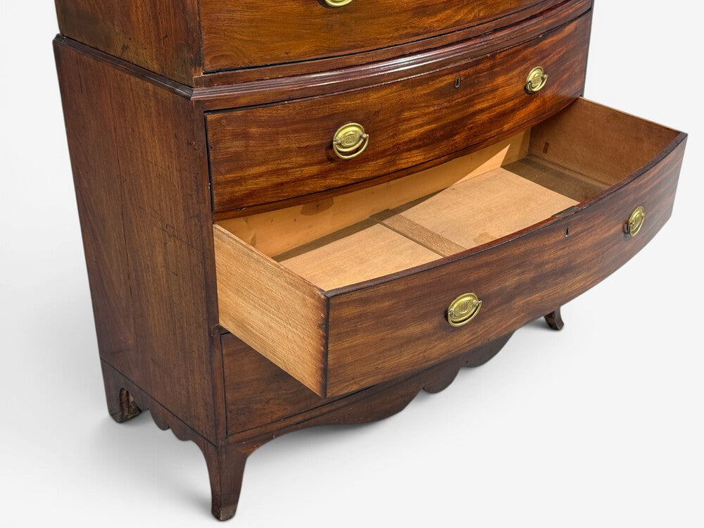 Georgian, Bow-Front Chest on Chest, Mahogany, Brass, England, 19th c.