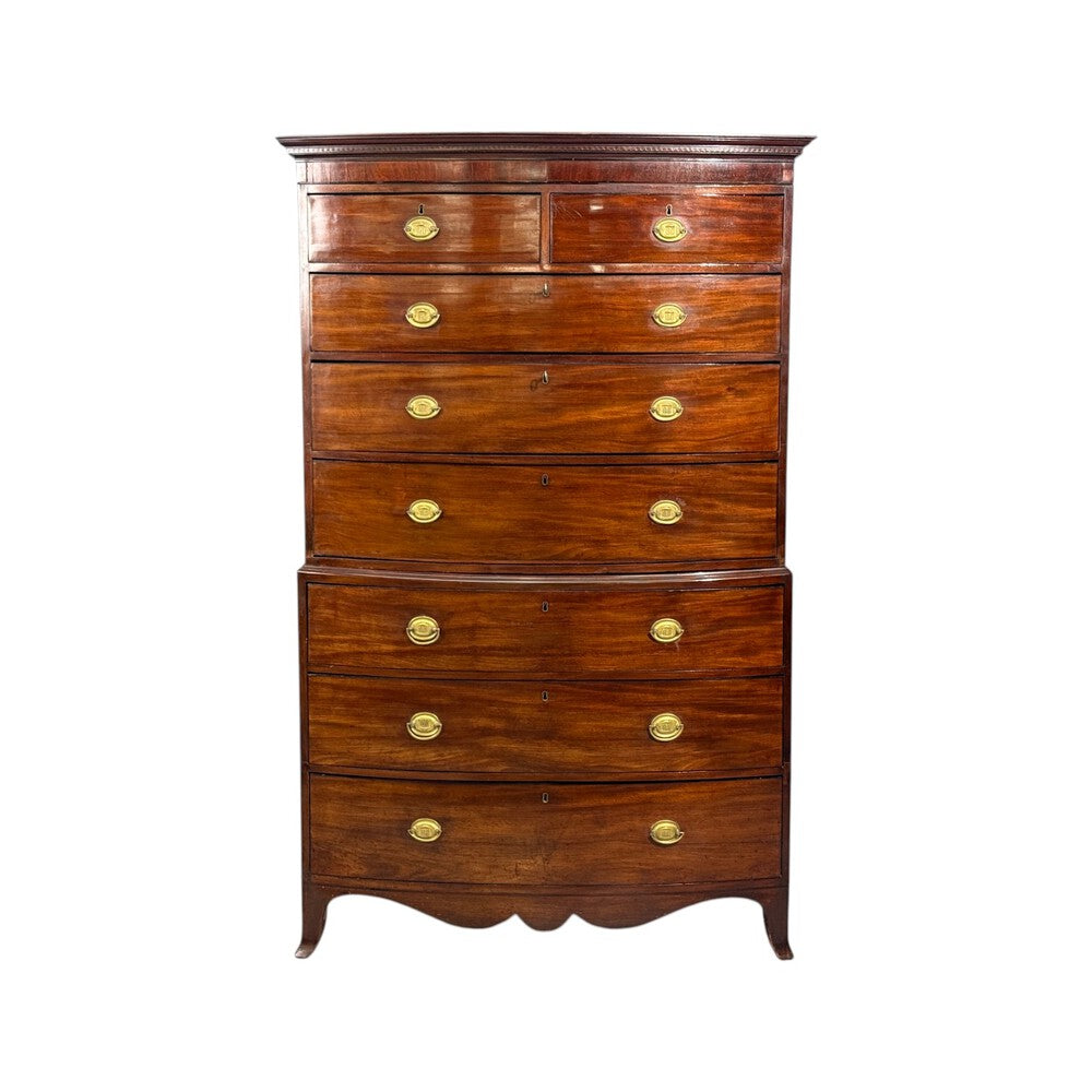Georgian, Bow-Front Chest on Chest, Mahogany, Brass, England, 19th c.