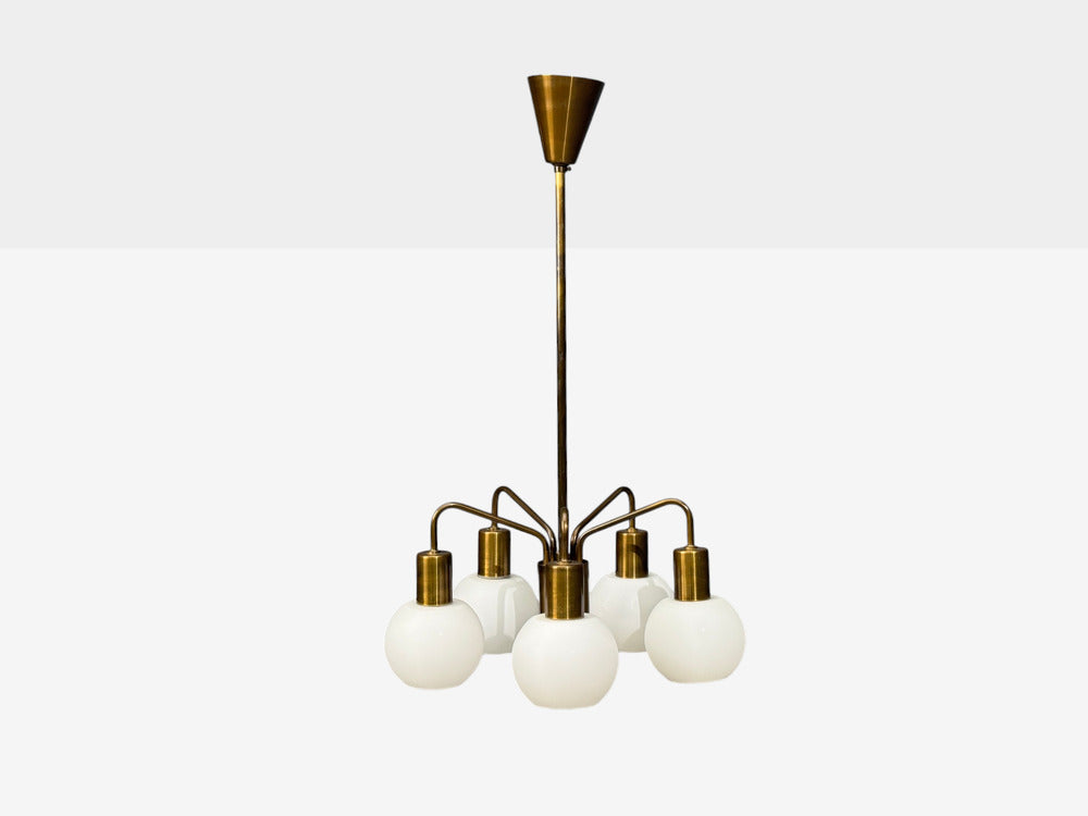 Danish Modern, Pendant Light, Brass, Opal Glass, Denmark, 1970s