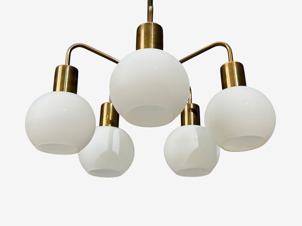 Danish Modern, Pendant Light, Brass, Opal Glass, Denmark, 1970s