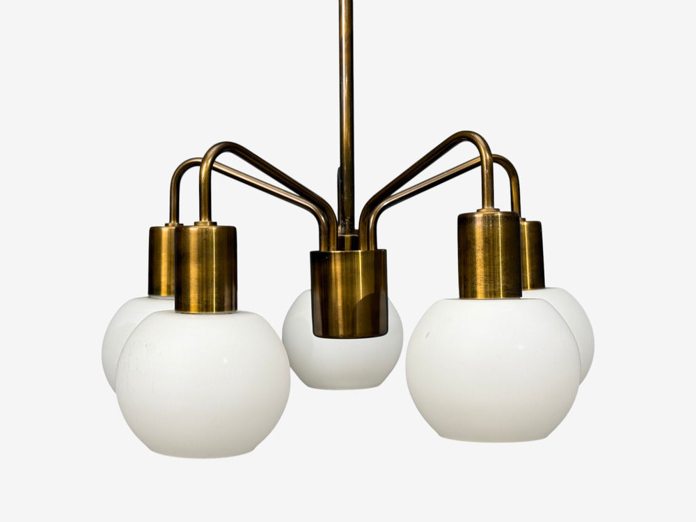 Danish Modern, Pendant Light, Brass, Opal Glass, Denmark, 1970s