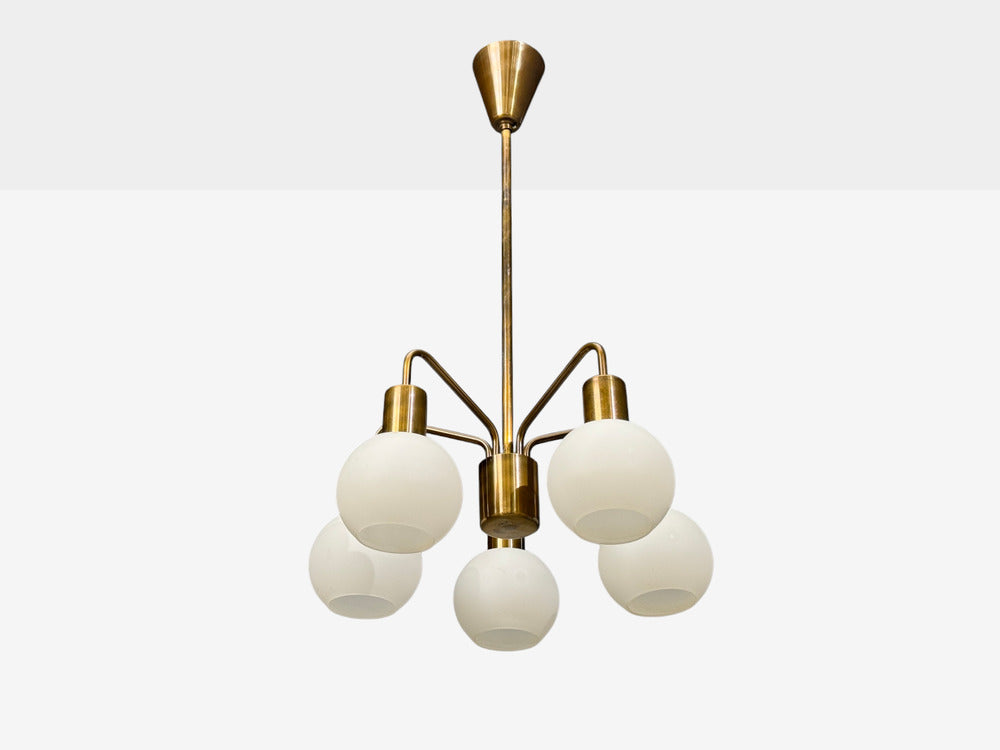 Danish Modern, Pendant Light, Brass, Opal Glass, Denmark, 1970s