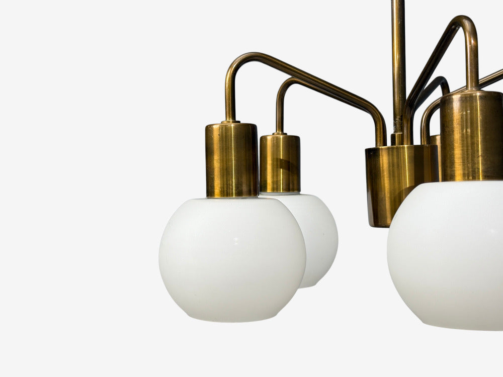 Danish Modern, Pendant Light, Brass, Opal Glass, Denmark, 1970s