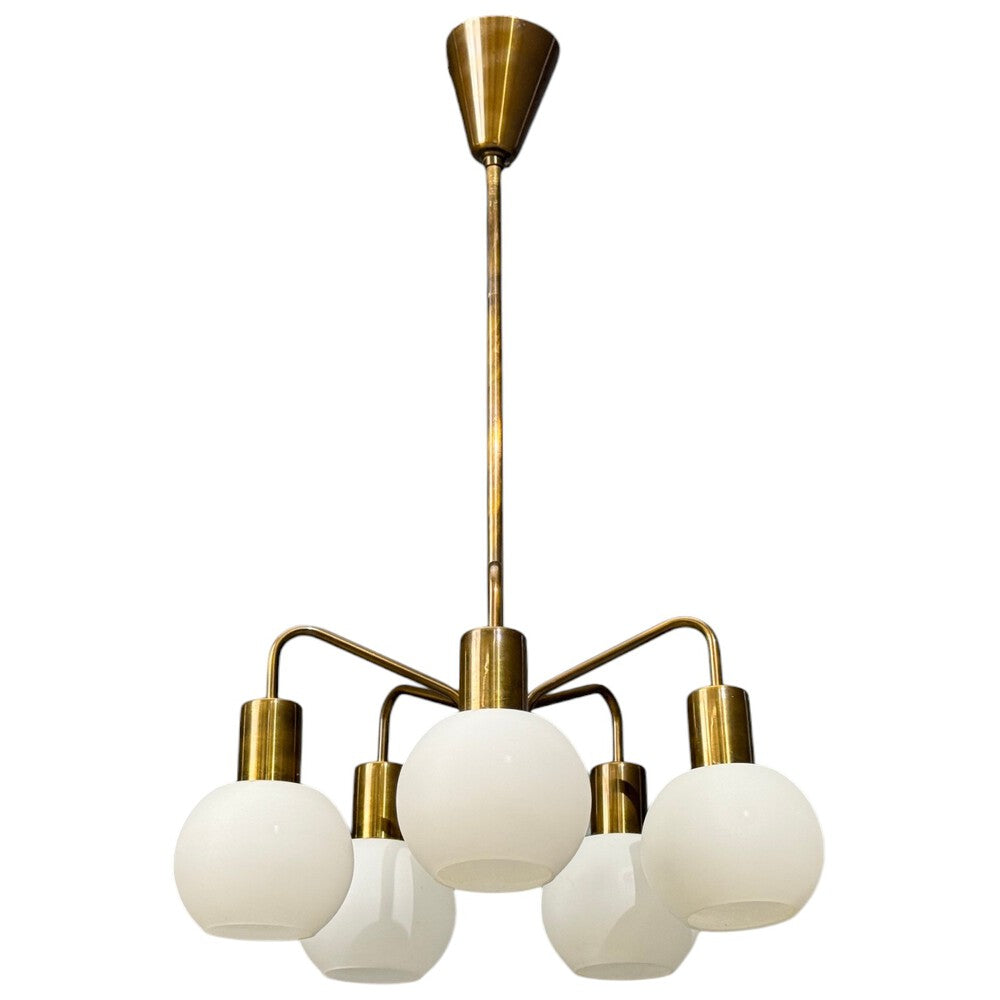 Danish Modern, Pendant Light, Brass, Opal Glass, Denmark, 1970s