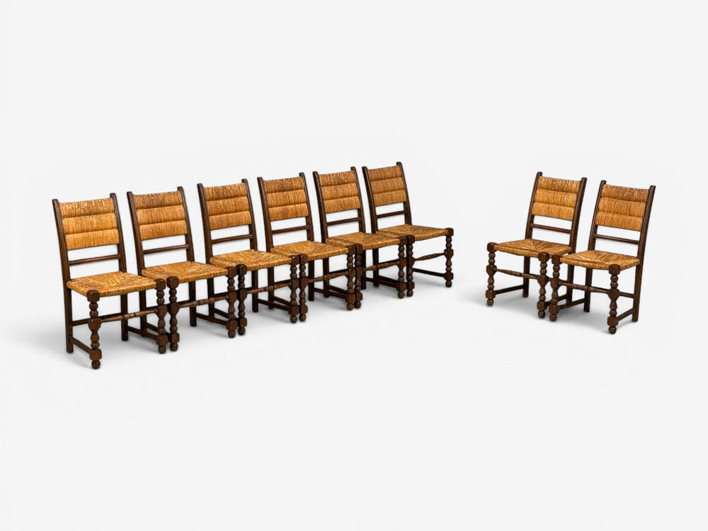 Charles Dudouyt Style, Eight Rustic Dining Chairs, Oak, Rush, France, 1940s