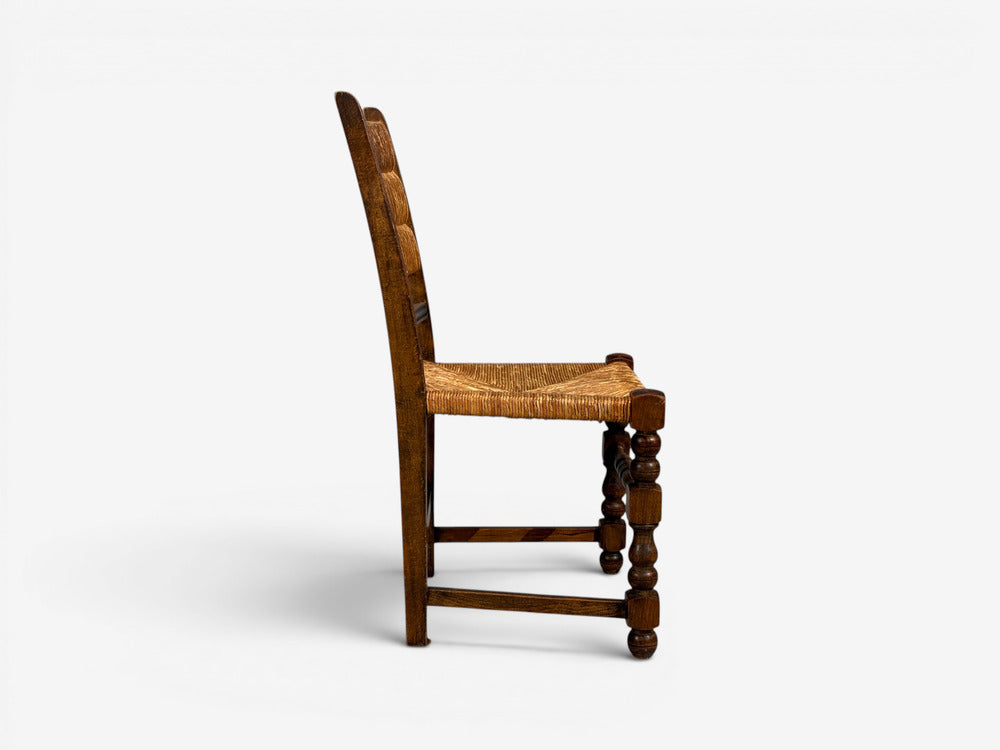 Charles Dudouyt Style, Eight Rustic Dining Chairs, Oak, Rush, France, 1940s