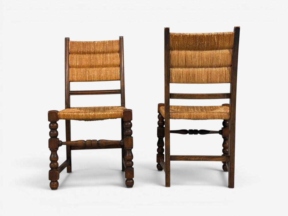 Charles Dudouyt Style, Eight Rustic Dining Chairs, Oak, Rush, France, 1940s