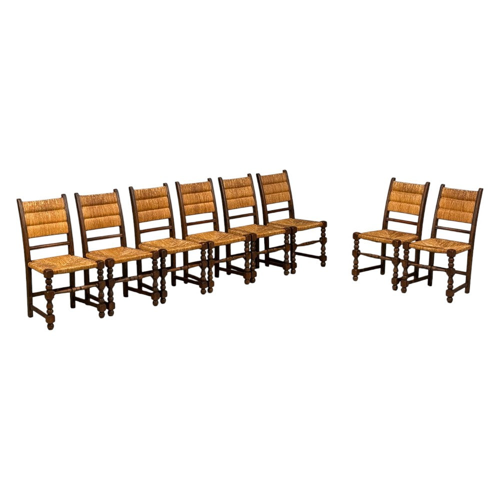 Charles Dudouyt Style, Eight Rustic Dining Chairs, Oak, Rush, France, 1940s
