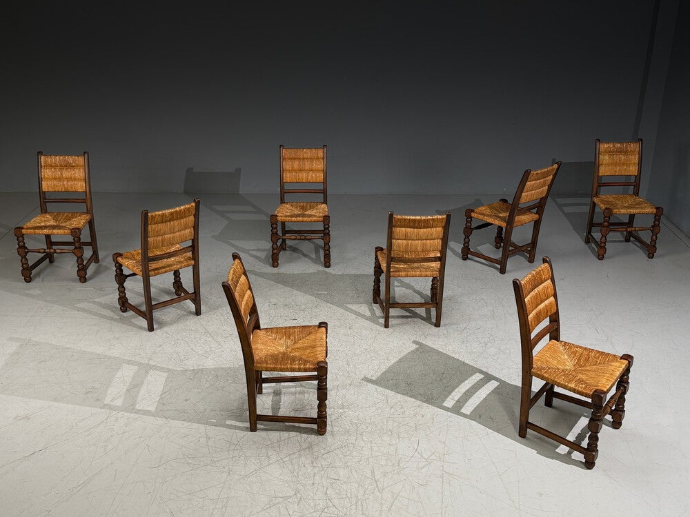 Charles Dudouyt Style, Eight Rustic Dining Chairs, Oak, Rush, France, 1940s