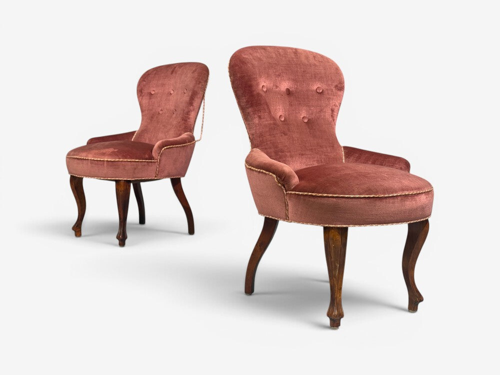 Swedish Modern, Traditional Slipper Chairs, Pink Velvet, Wood, Sweden, 1950s
