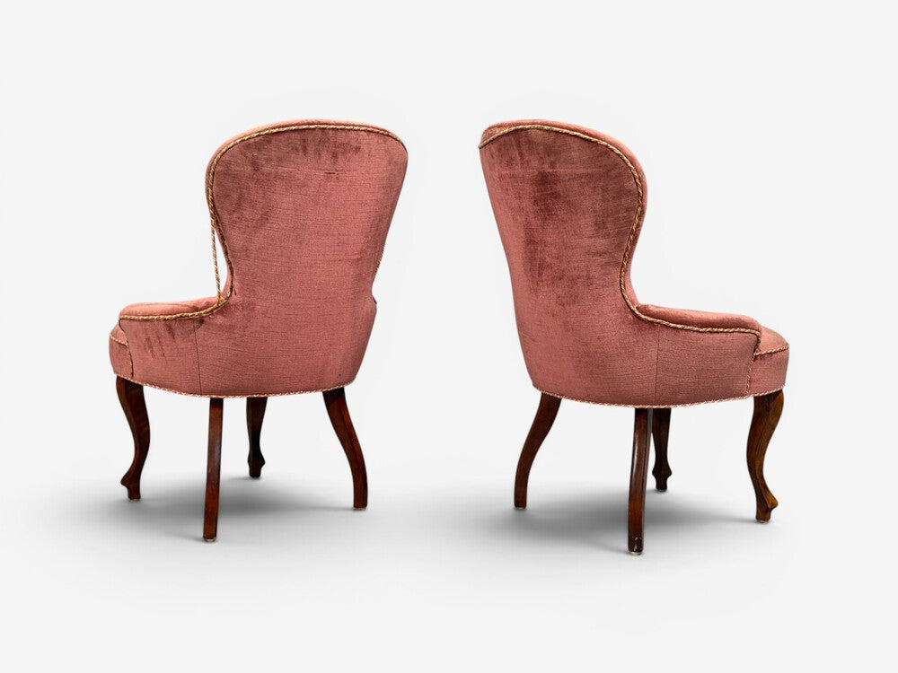 Swedish Modern, Traditional Slipper Chairs, Pink Velvet, Wood, Sweden, 1950s