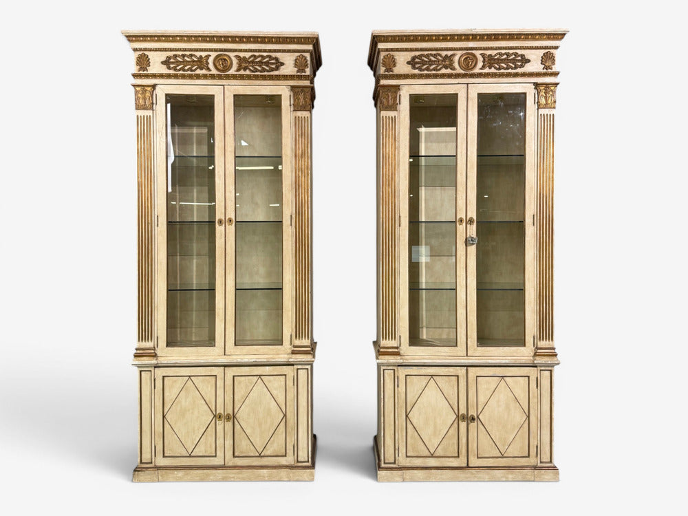 French Regency, Monumental Bookcases, Cream Painted Wood, Gilt, France, 19th c.