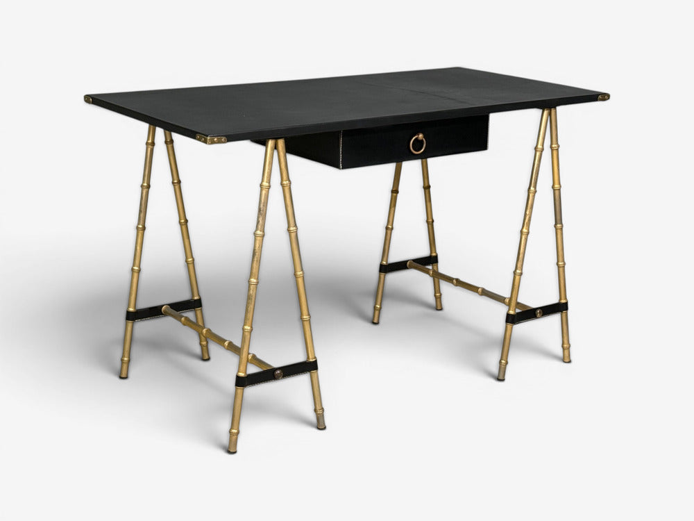 Jacques Adnet attr., Desk and Folding Chair, Black Leather, Brass, France, 1950s