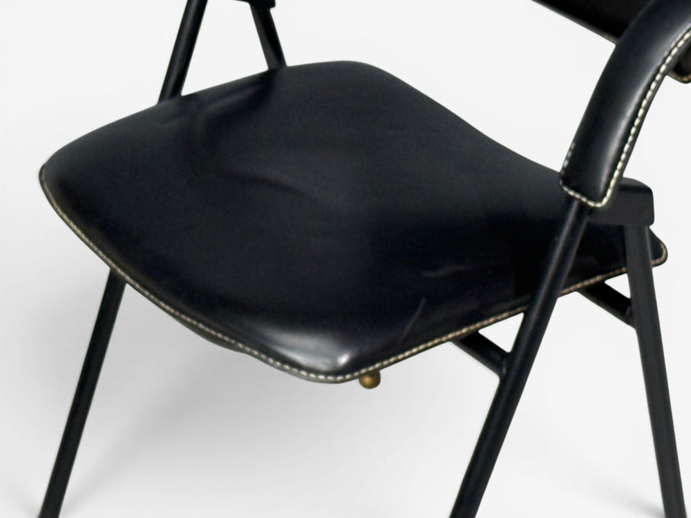 Jacques Adnet attr., Desk and Folding Chair, Black Leather, Brass, France, 1950s