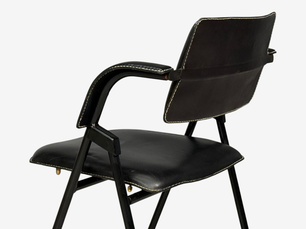 Jacques Adnet attr., Desk and Folding Chair, Black Leather, Brass, France, 1950s
