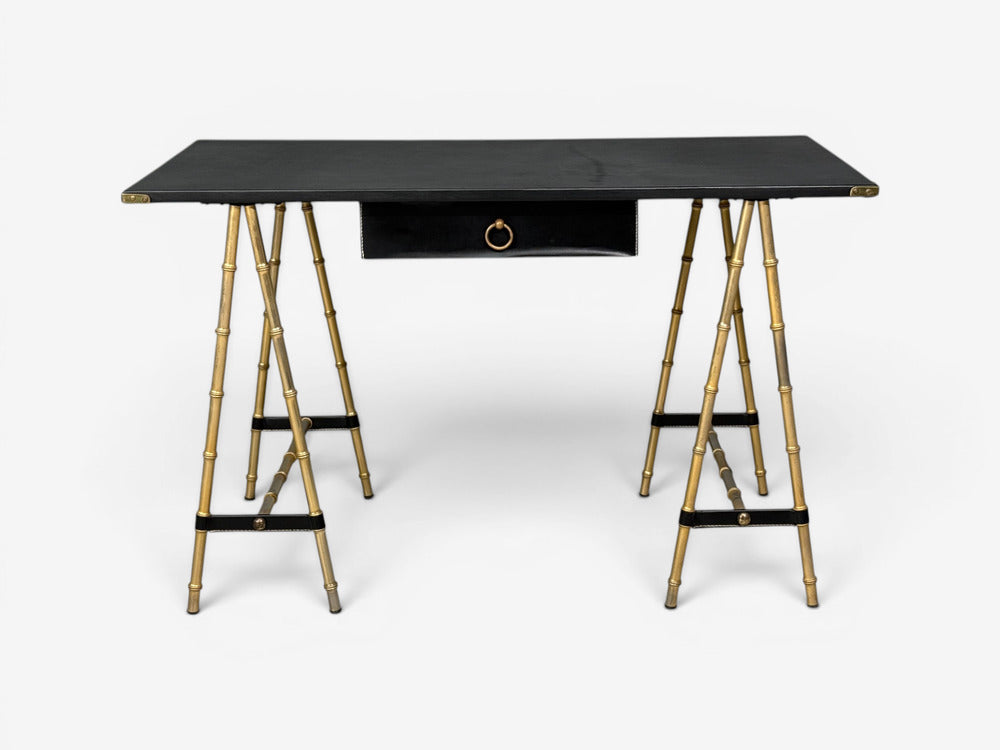 Jacques Adnet attr., Desk and Folding Chair, Black Leather, Brass, France, 1950s