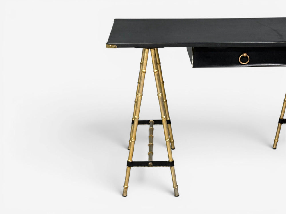 Jacques Adnet attr., Desk and Folding Chair, Black Leather, Brass, France, 1950s
