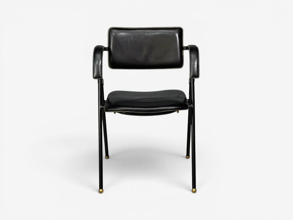 Jacques Adnet attr., Folding Chair, Black Leather, Brass, France, 1950s