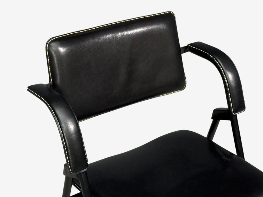 Jacques Adnet attr., Folding Chair, Black Leather, Brass, France, 1950s