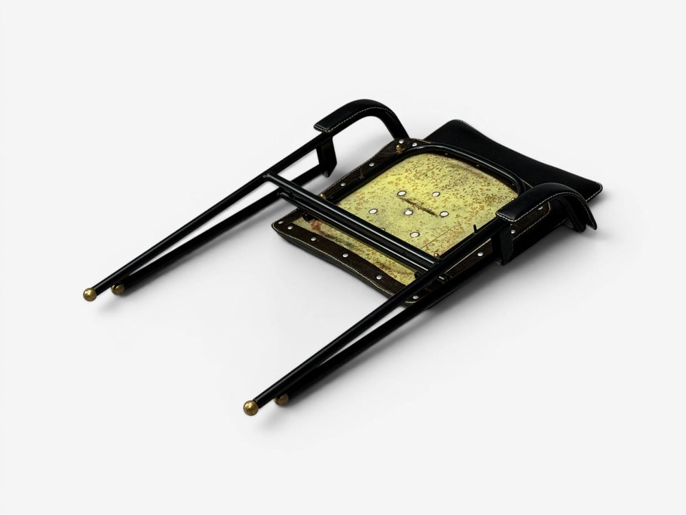 Jacques Adnet attr., Folding Chair, Black Leather, Brass, France, 1950s