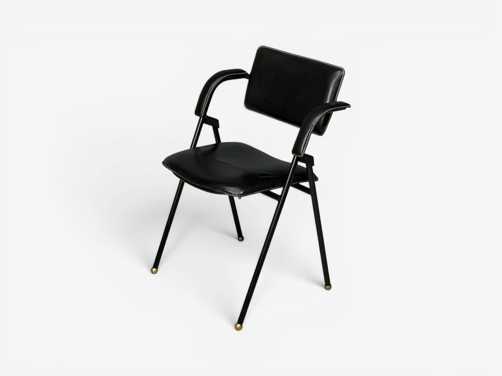 Jacques Adnet attr., Folding Chair, Black Leather, Brass, France, 1950s