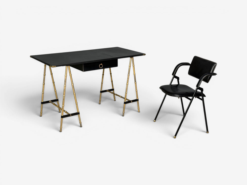 Jacques Adnet attr., Desk, Black Leather, Brass, France, 1950s