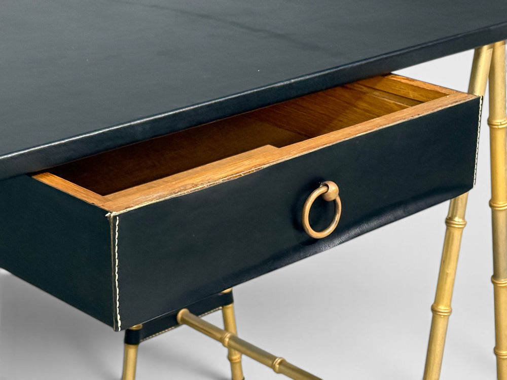 Jacques Adnet attr., Desk, Black Leather, Brass, France, 1950s