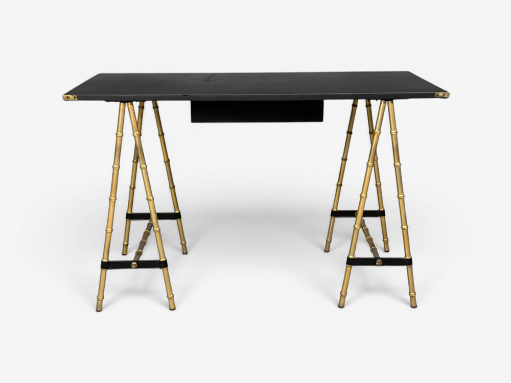 Jacques Adnet attr., Desk, Black Leather, Brass, France, 1950s