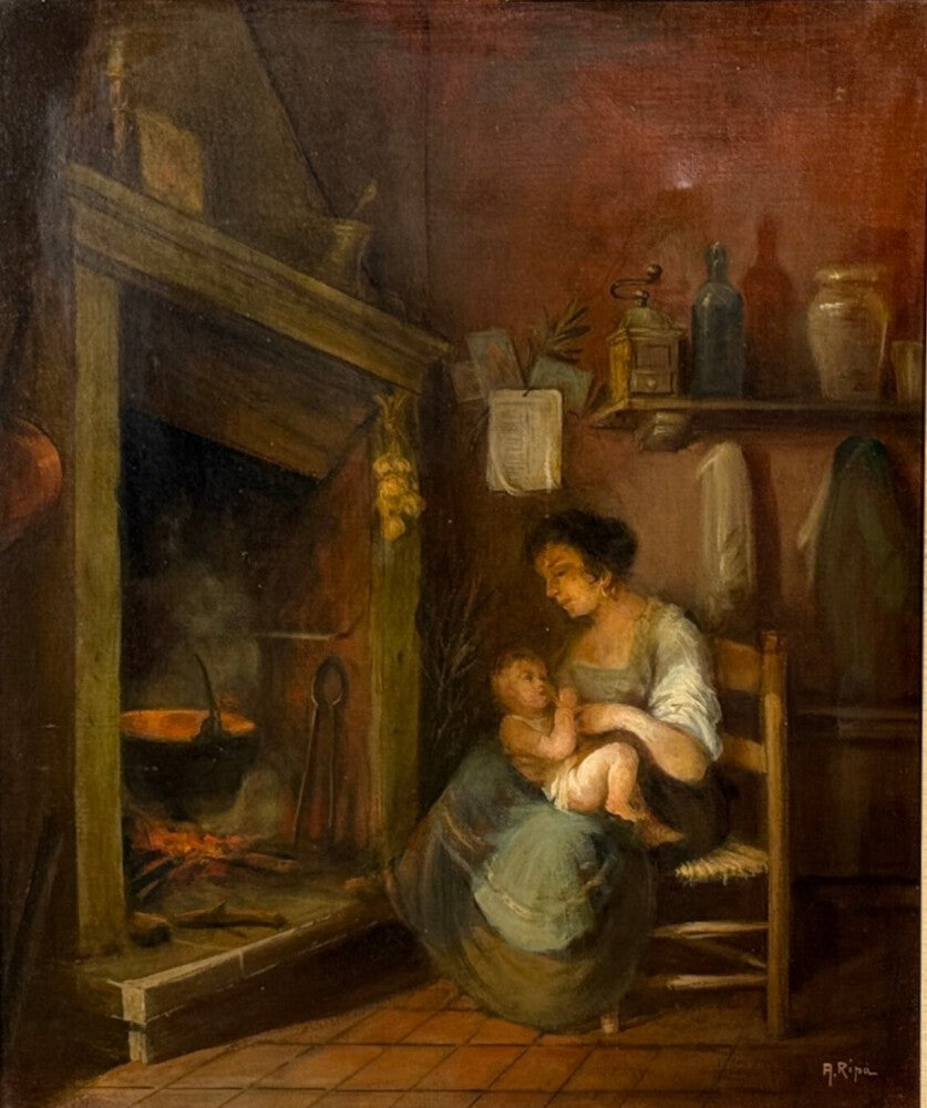 Oil on Canvas, Mother and Child, Signed A. Ripa, France, 19th/20th c.