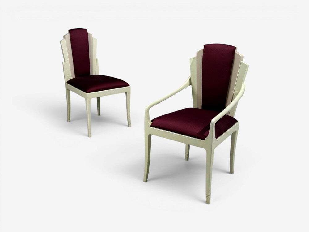 Vladimir Kagan, Mid-Century Modern, Six Eva Dining Chairs, Maroon, USA, 1983