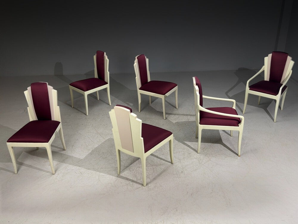 Vladimir Kagan, Mid-Century Modern, Six Eva Dining Chairs, Maroon, USA, 1983