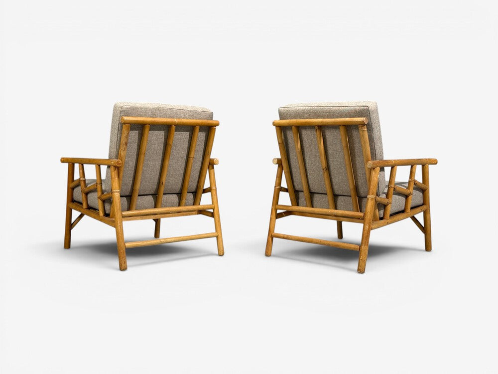 Ficks Reed, Lounge Chairs, Bamboo, Cane, Beige Tweed, USA, 1950s