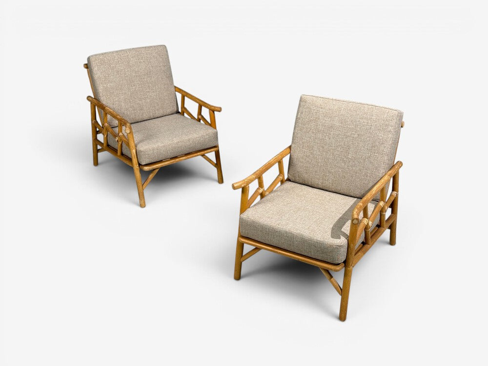 Ficks Reed, Lounge Chairs, Bamboo, Cane, Beige Tweed, USA, 1950s